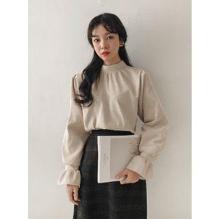 Mock-neck Puff-sleeve Corduroy Top