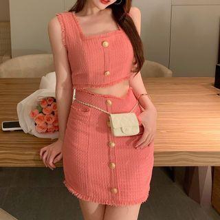 Wide Strap Tasseled Trim Top / A-line Skirt