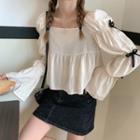 Long-sleeve Bow-accent Blouse Almond - One Size