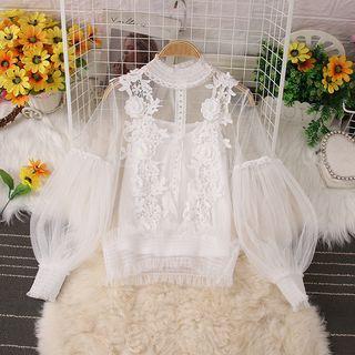 Set: Long-sleeve Floral Applique Mesh Blouse + Camisole