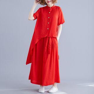 Set: Short-sleeve Asymmetric Shirt + Wide-leg Pants