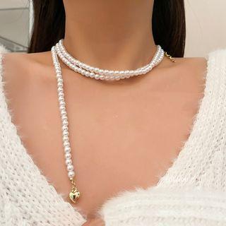 Heart Alloy Faux Pearl Layered Choker 1pc - Gold & White - One Size