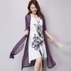 Elbow-sleeve Mock Two Piece Printed Dress