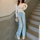 Long-sleeve One-shoulder T-shirt / Striped Wide Leg Pants