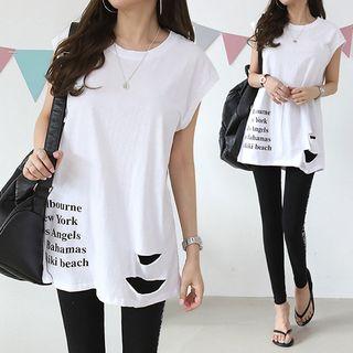 Cap-sleeve Letter-printed Distressed T-shirt