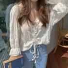 Long-sleeve Lace Trim Drawstring Top White - One Size