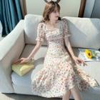 Short-sleeve Square-neck Floral Print Midi Mermaid Dress