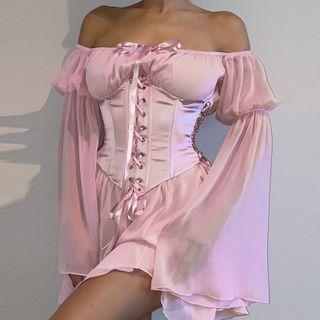 Off-shoulder Chiffon Dress / Corset Belt