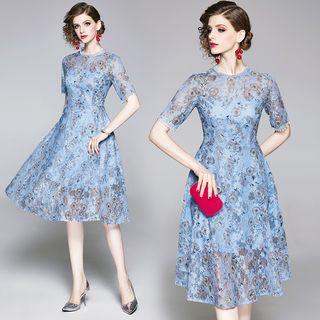 Flower Print Short-sleeve A-line Lace Dress