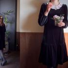 Contrast-collar Frill-hem Midi Velvet Dress