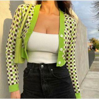 Color Block Checked Cropped Cardigan