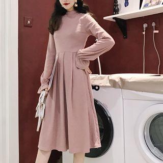 Long-sleeve Mock Neck Midi A-line Pleated Knit Dress