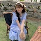 Short-sleeve Lace Trim Check Midi A-line Dress Blue - One Size