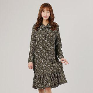 Tie-neck Ruffle-hem Floral Dress