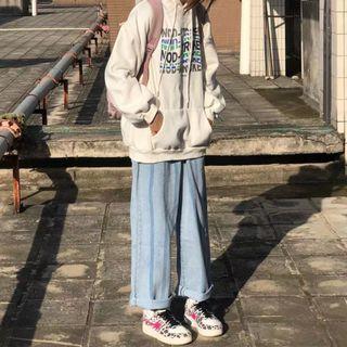 High-waist Washed Striped Straight-cut Jeans