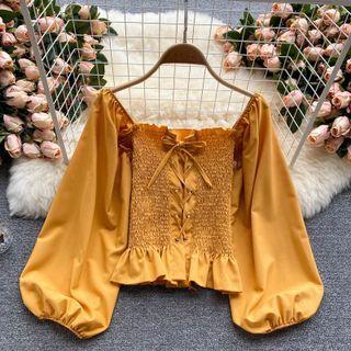 Plain Square-neck Drawstring Puff-sleeve Top