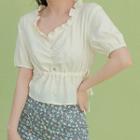 Frill-hem Puff-sleeve Ruched Blouse