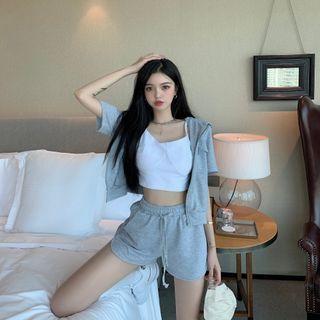 Hooded Short-sleeve Jacket / Sleeveless Top / Wide Leg Shorts