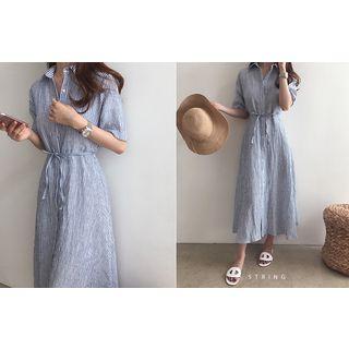 Striped Linen Long Shirtdress With Sash