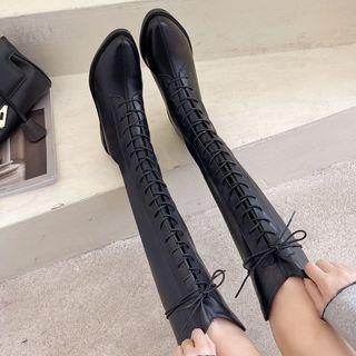 Pointed Block Heel Lace Up Knee-high Boots