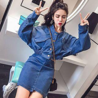Set: Cropped Buttoned Denim Jacket + Mini A-line Skirt