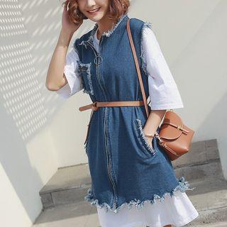 Zip-up Denim Long Vest