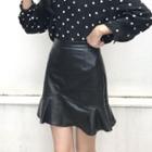 Faux Leather Ruffle-hem Mini A-line Skirt