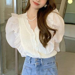 Puff-sleeve V-neck Ruffled Knit Top