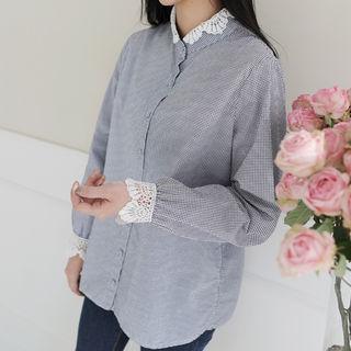 Mandarin-collar Crochet-lace Checked Blouse