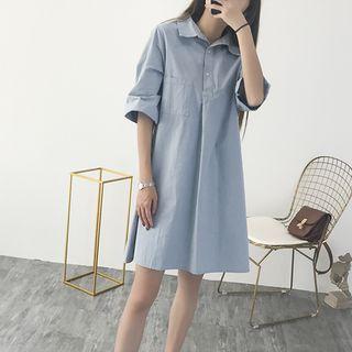 Elbow-sleeve Pocketed Shirtdress As Shown In Figure - One Size