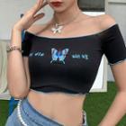 Butterfly Embroidered Off-shoulder Short-sleeve Cropped Top