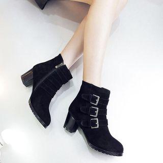 Buckled Genuine Suede Short Boots