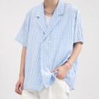 Elbow-sleeve Double-breasted Plaid Shirt