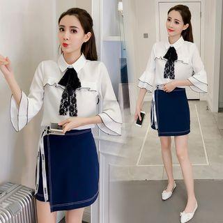 Set: Lace Trim 3/4 Sleeve Chiffon Blouse + A-line Skirt