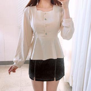 Square-neck Faux-gem Button Peplum Blouse