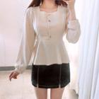 Square-neck Faux-gem Button Peplum Blouse