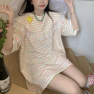 Elbow-sleeve Striped T-shirt Striped - Off-white - One Size