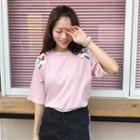 Short-sleeve Embroidery Top Pink - One Size