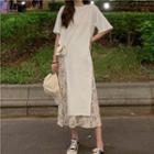 Elbow-sleeve Long T-shirt / Floral Print Midi A-line Skirt