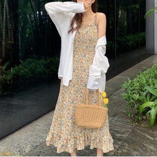 Floral Print Sleeveless Midi A-line Dress / Plain Shirt