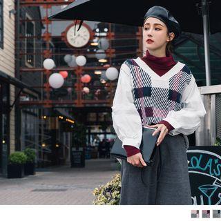 Plaid Panel Mock Two Piece Knit Top