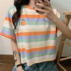 Elbow-sleeve Fruit Embroidered Striped T-shirt