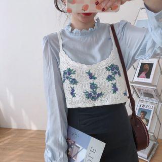 Set: Ruffle Collar Blouse + Floral Crochet Cropped Camisole Top
