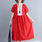 Short-sleeve Colored Panel A-line Midi Dress