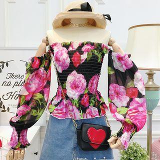 Boatneck Flower-print Chiffon Top
