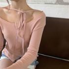 Long-sleeve Irregular Tie-neck Top Pink - One Size
