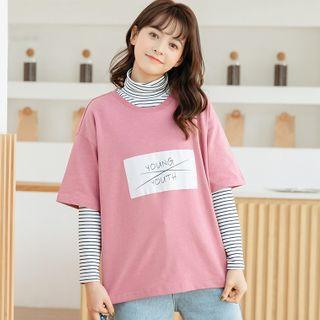 Lettering Elbow-sleeve T-shirt / Striped Long-sleeve T-shirt / Set