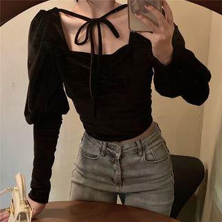 Puff-sleeve Tie-strap Velvet Crop Top