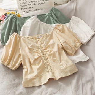 Boatneck Puff-sleeve Ruched Crop Top