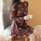 Bell-sleeve Ruffle-trim Rosette Flare Dress Brown - One Size